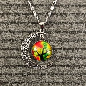Silver Crescent Moon Tree Life Cabochon Necklace